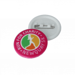 Promotional recycled 32mm circular badge with safety pin and printed logo or design