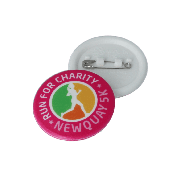 Promotional recycled 32mm circular badge with safety pin and printed logo or design