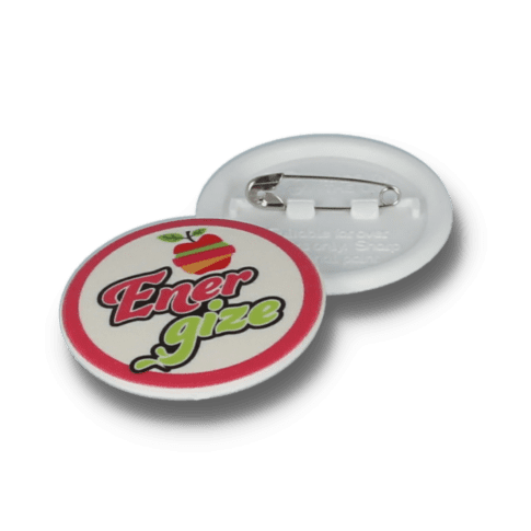 Promotional recycled 37mm circular badge with printed logo or design