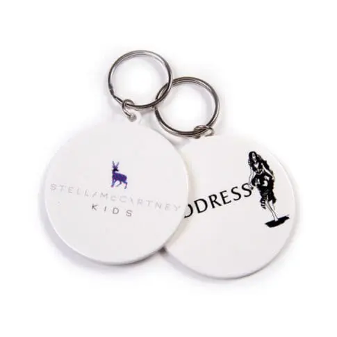 Promotional recycled 45mm circle keyring in white with printed logo or design