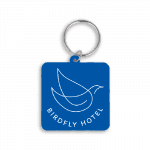 Promotional recycled 45mm square keyring in blue with printed logo or design