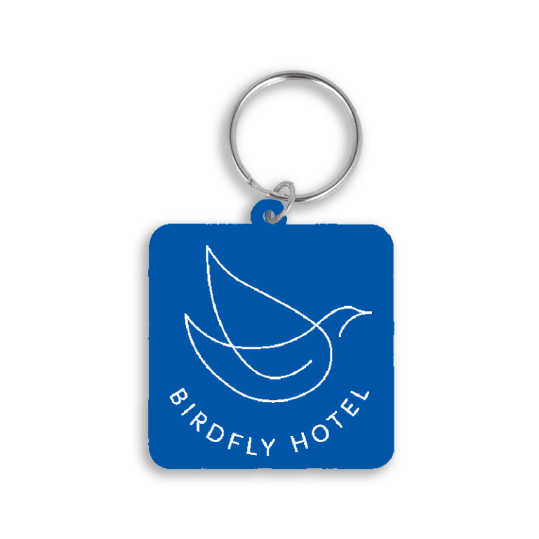 Promotional recycled 45mm square keyring in blue with printed logo or design