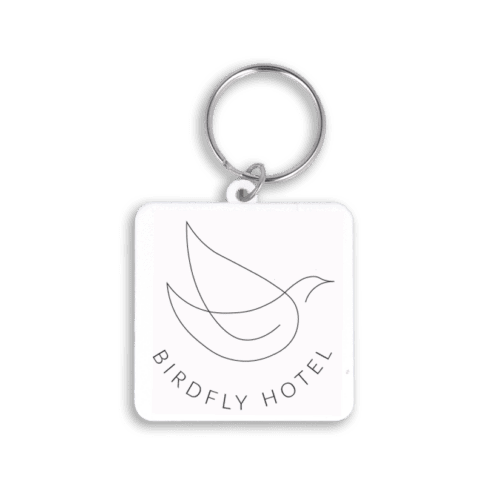 Promotional recycled 45mm square keyring in white with printed logo or design