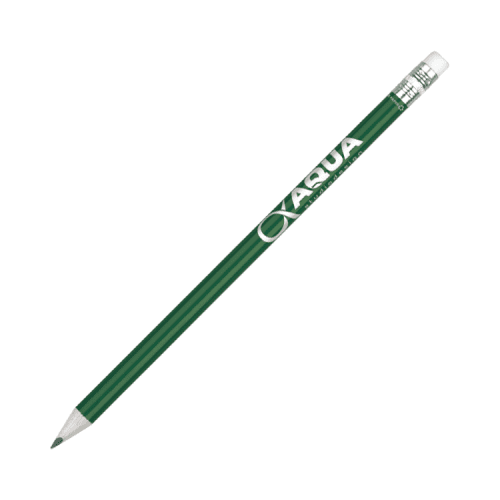 Printed Recycled Newspaper Pencil in green with eraser end and printed logo or design