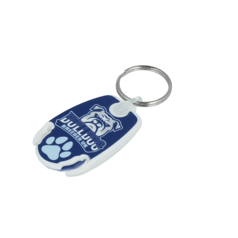 Promotional recycled pop coin trolley keyring with printed logo