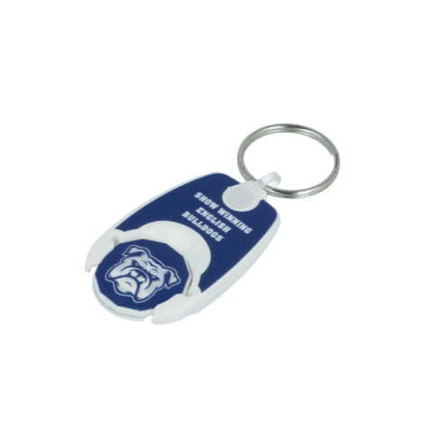 Promotional recycled pop coin trolley keyring with printed logo