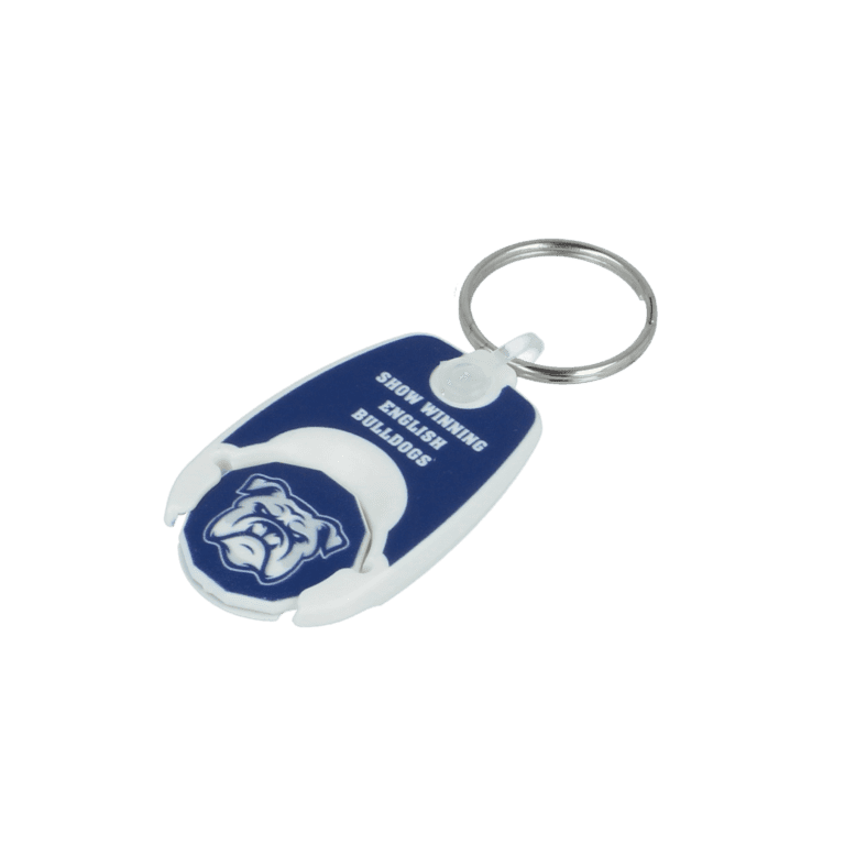 Promotional recycled pop coin trolley keyring with printed logo