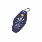 Promotional recycled hotel keyring in purple printed with logo or design