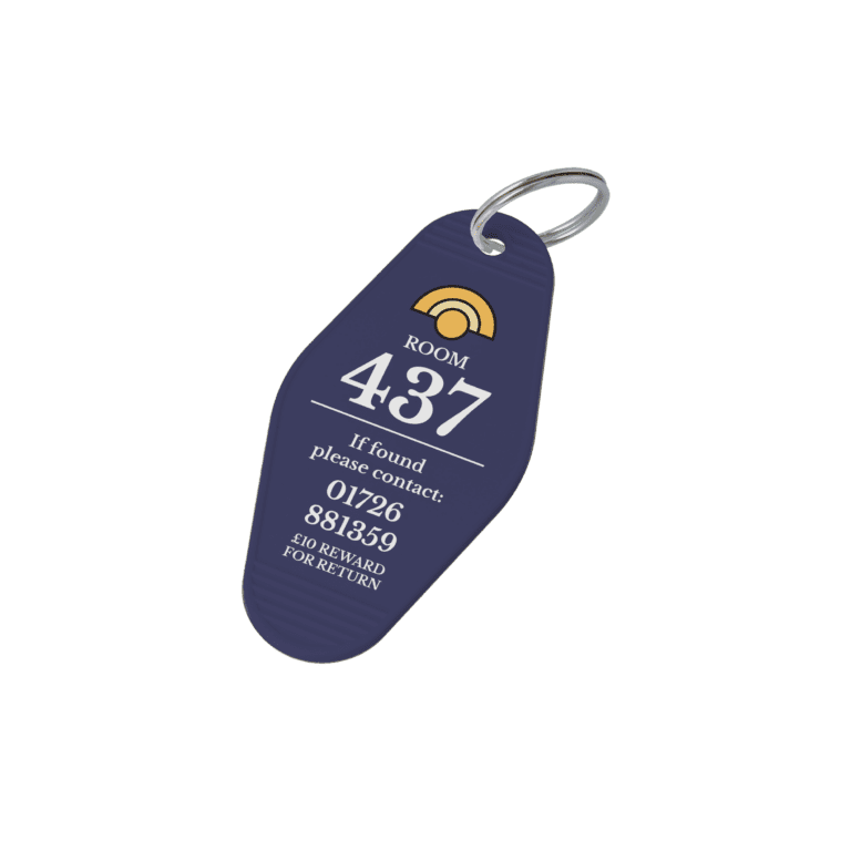 Promotional recycled hotel keyring in purple printed with logo or design