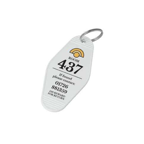 Promotional recycled hotel keyring in white printed with logo or design