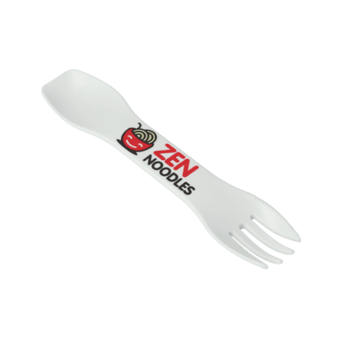 Promotional recycled spork in white with printed logo or design