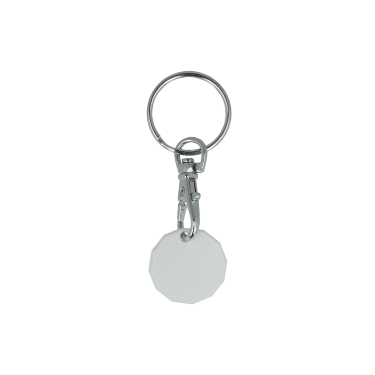 Promotional recycled trolley coin keyring in white with printed logo