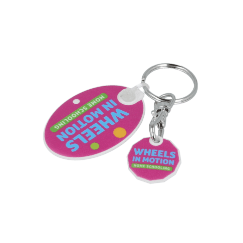 Promotional recycled trolley mate oval keyring in white with printed logo or design