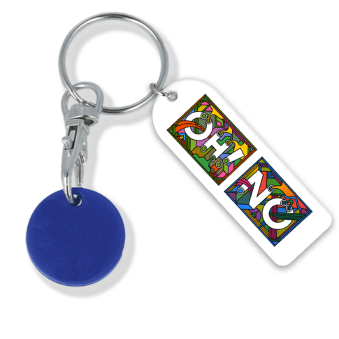 Promotional recycled trolley mate rectangle keyring in blue with printed logo