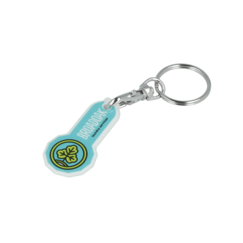 Promotional recycled trolley stick keyring in white with printed logo