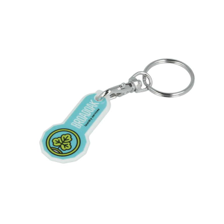 Promotional recycled trolley stick keyring in white with printed logo