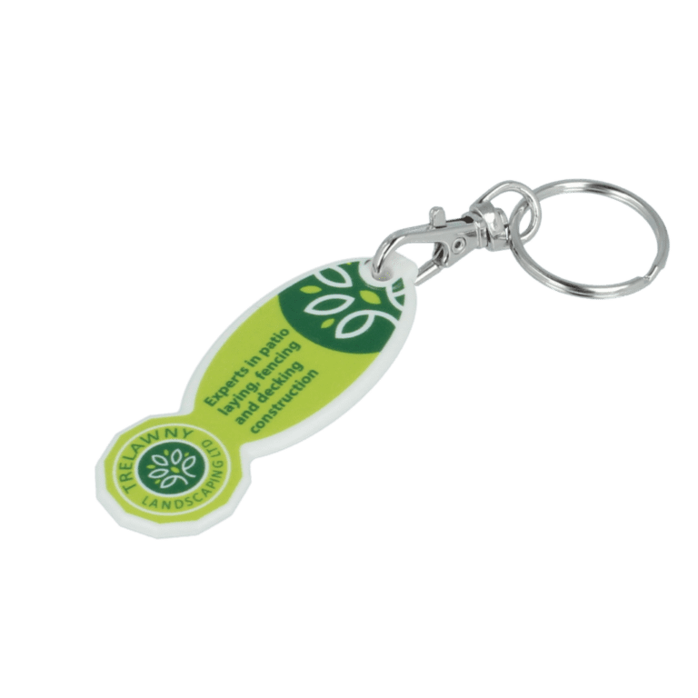 Promotional recycled oval trolley stick keyring with printed logo