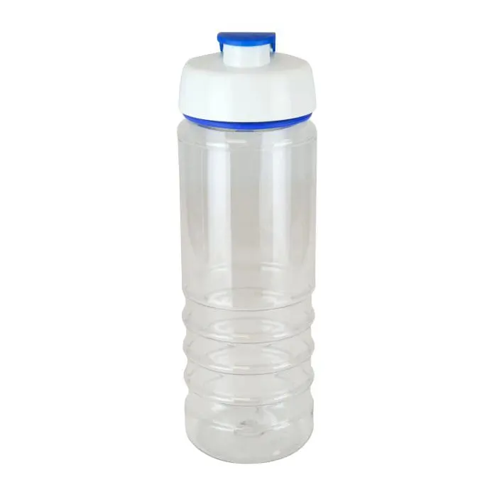 Branded Renzo 750ml Bottle with Coloured Flip Top and a clear body with Blue Trim