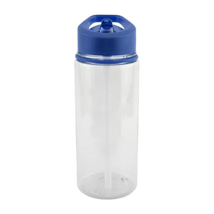 Branded Riley 550ml Sports Bottle with Sipper and Straw and a clear body with Blue Lid