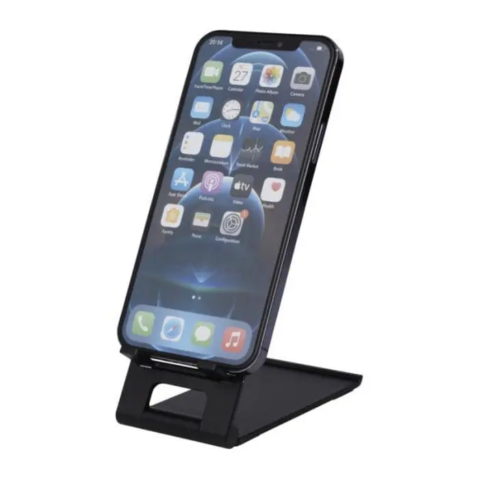 Printed Rise Slim Aluminium Phone Stand in black with smartphone and printed logo or design