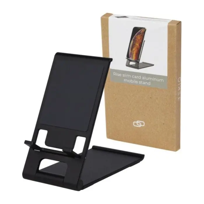 Branded Rise Slim Aluminium Phone Stand in black with printed logo or design and presentation box