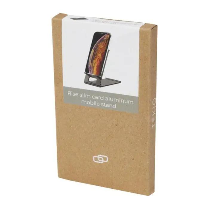 Promotional Rise Slim Aluminium Phone Stand in presentation box with printed logo or design