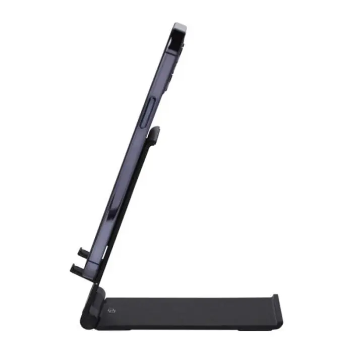 Printed Rise Slim Aluminium Phone Stand side view in black with printed logo or design