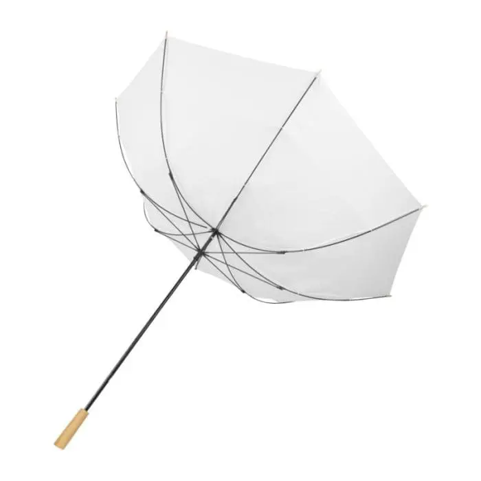 Branded windproof recycled golf umbrella with printed logo and wooden handle