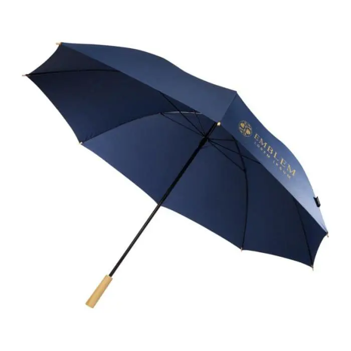 Printed windproof recycled golf umbrella in navy blue with printed logo