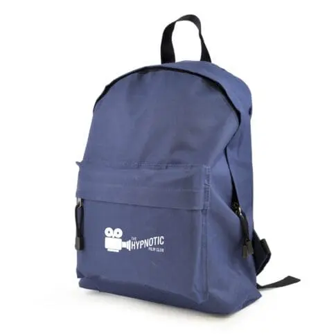 Promotional Royton backpack in navy blue with black trim with printed logo