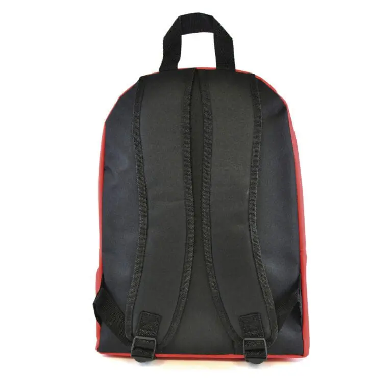 Promotional Royton backpack in black with red trim with printed logo