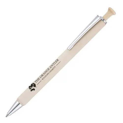 Branded wooden pen with chrome details and printed logo