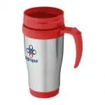 Sanibel Insulated Travel Mug 400ml in Silver with Red Lid and Handle