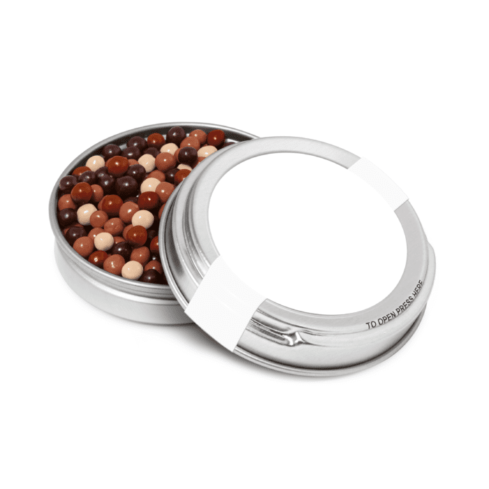 Promotional silver caviar tin with chocolate pearls with printed logo to lid