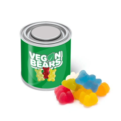 Branded small paint tin with vegan bears sweets and printed logo to tin