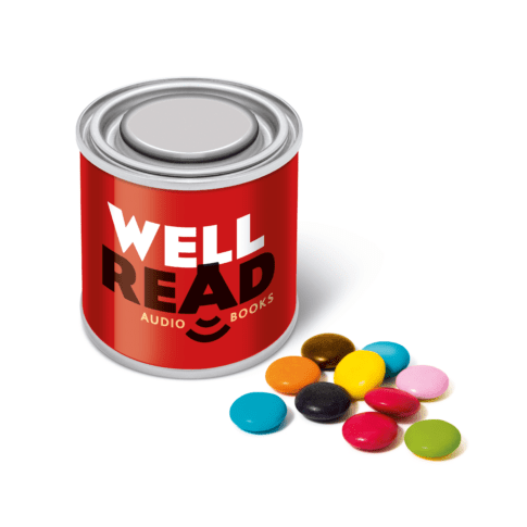 Promotional small paint tin with chocolate beanies sweets with printed logo