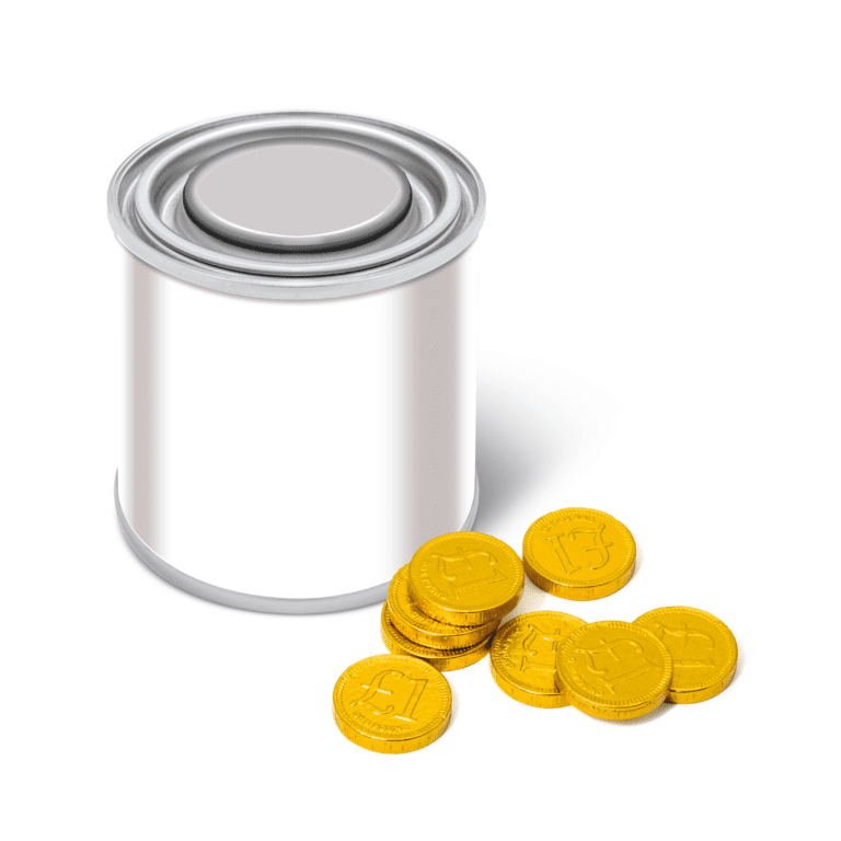 Branded small paint tin with chocolate coins and printed logo