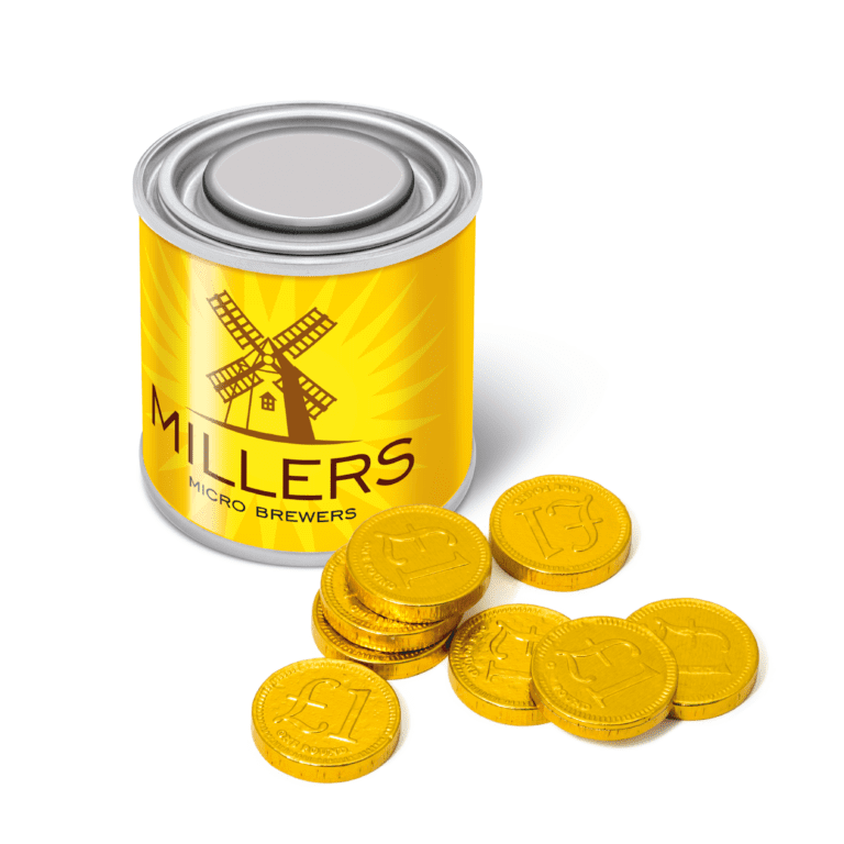 Promotional small paint tin with chocolate coins and printed logo