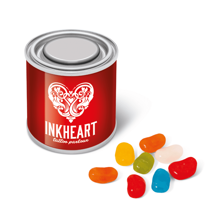 Promotional small paint tin with jolly beans sweets with printed logo