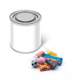 Branded small paint tin with retro sweets and printed logo