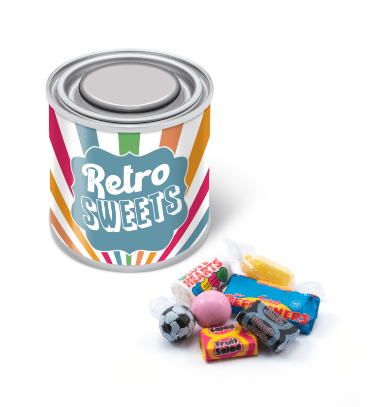 Promotional small paint tin with retro sweets and printed logo