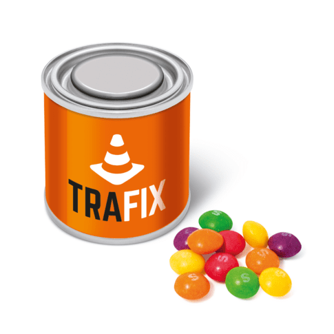 Promotional small paint tin with Skittles sweets with printed logo