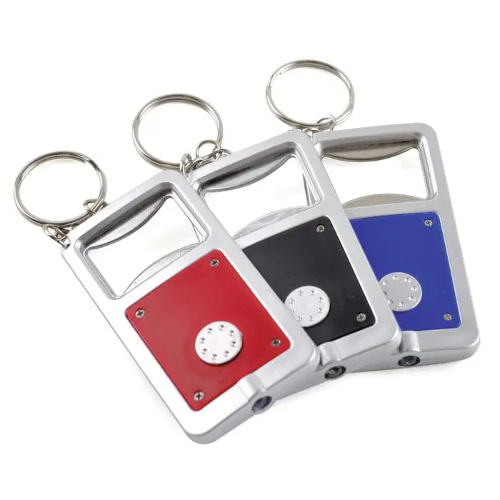 Branded Sofia Plastic Bottle Opener Keyring with Torch colour range