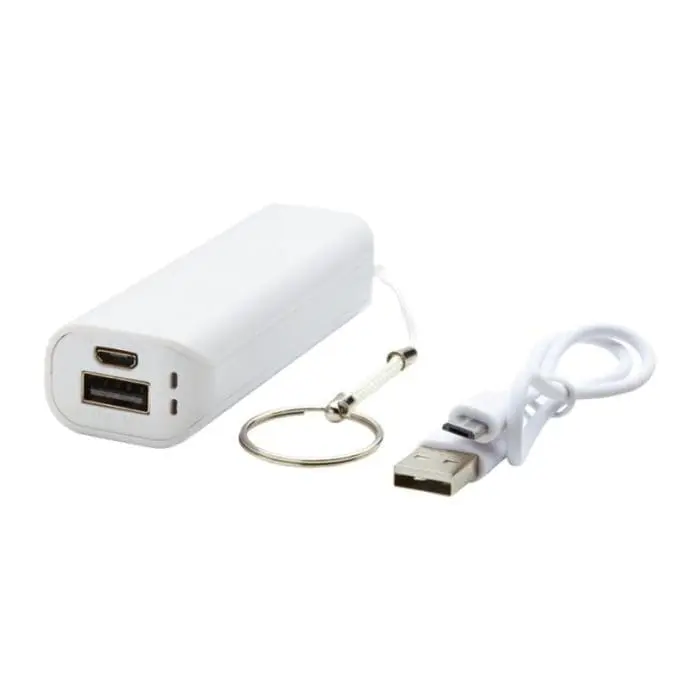 Promotional white plastic Span powerbank with printed logo with cables