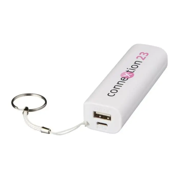 Promotional white plastic Span powerbank with printed logo on side