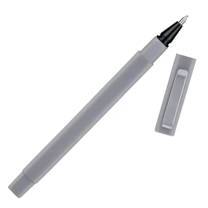 Custom-branded square ball pen in grey with printed logo and removable cap