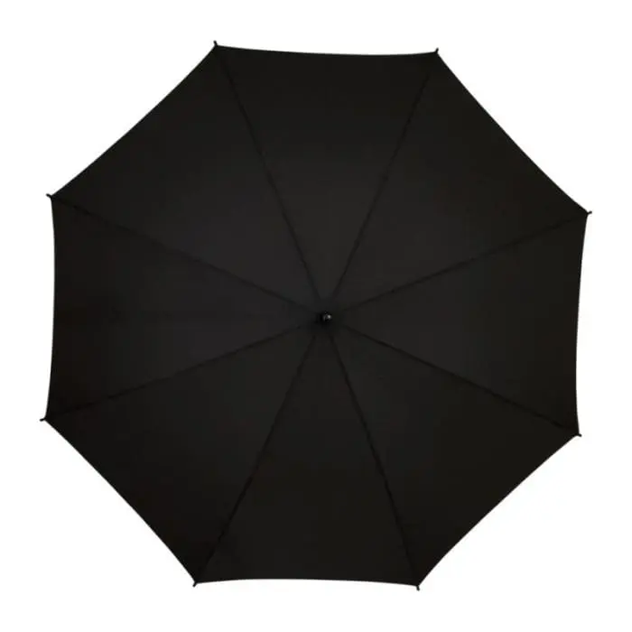 Printed Stark Contrast windproof auto open umbrella in black with coloured trim and printed logo top view