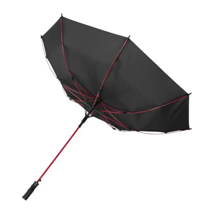 Printed Stark Contrast windproof auto open umbrella in black with coloured trim and printed logo