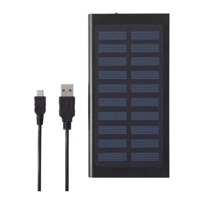 Promotional black solar powerbank with cables and printed logo