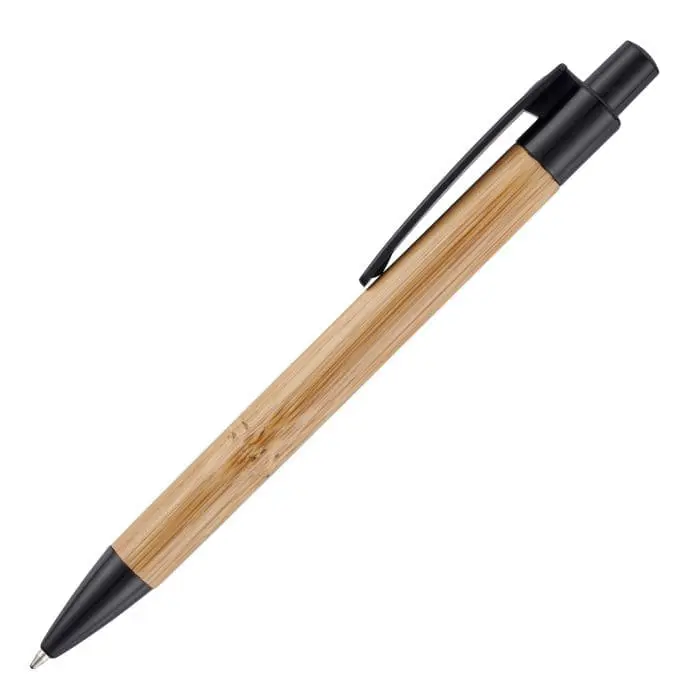 Branded bamboo pen with black recyclable trim and printed logo